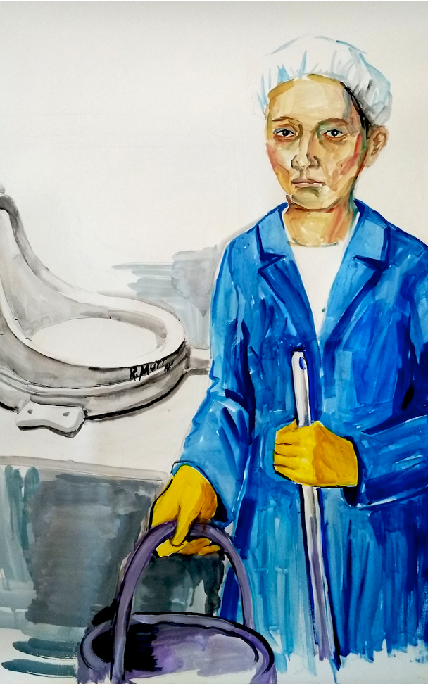 “Cleaning Women”, Tempera and gouache on paper, 2019